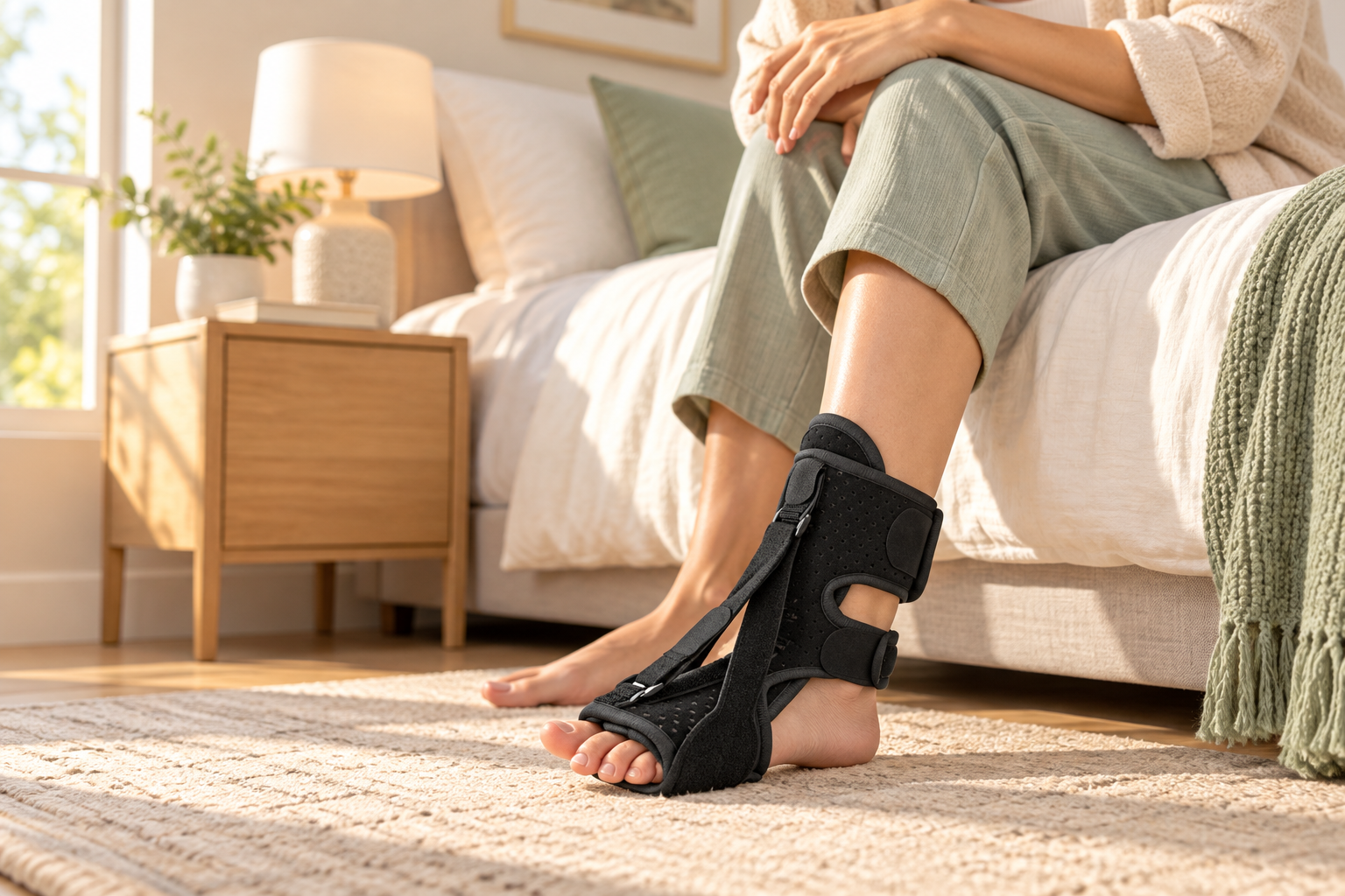 Adult wearing a black KOVELYSSE plantar fasciitis night splint in a calm morning bedroom